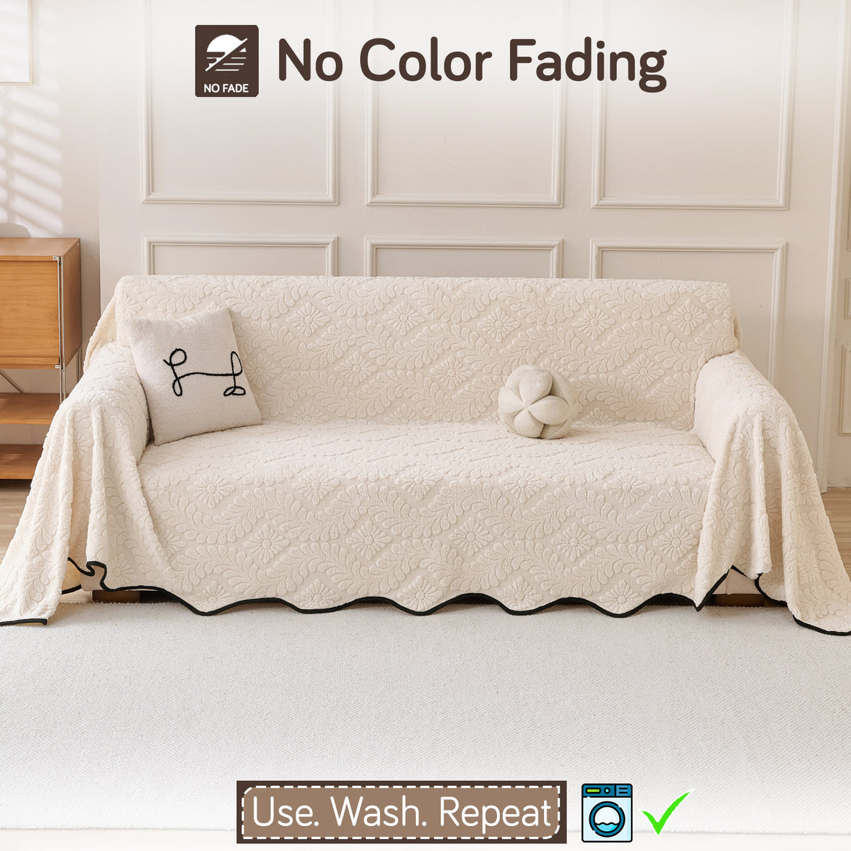 Buy Light Cream Colour Wavy Petal Crest Series Plush Sofa Throw Blanket – 3 Seater Sofas | HOKIPO