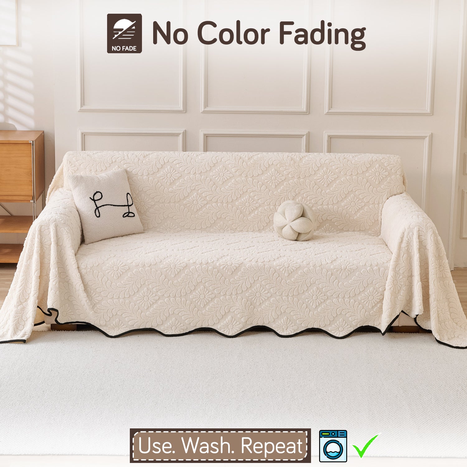 Buy Light Cream Colour Wavy Petal Crest Series Plush Sofa Throw Blanket – 3 Seater Sofas | HOKIPO