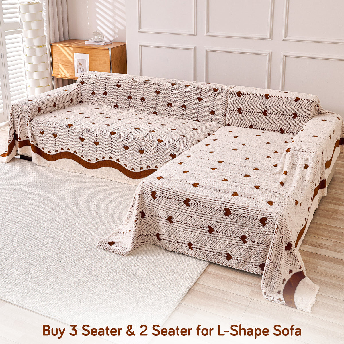 Buy Mocha Cream Colour Cozy Heart Series Luxury Plush Sofa Throw for L-shape Sofas - 3 & 2 Seater Sofa Sets | HOKIPO