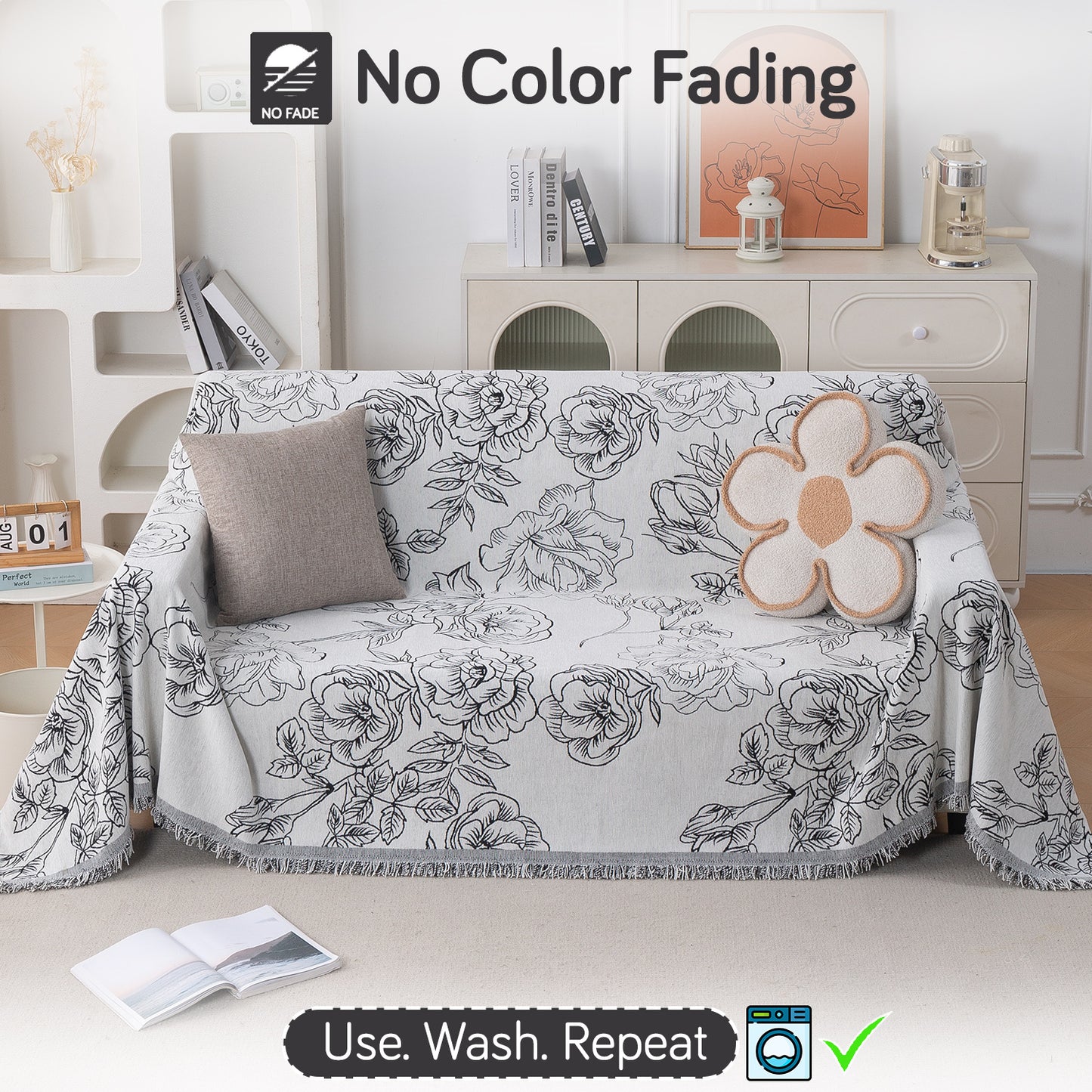 Premium 320 GSM Chenille Sofa Cover Throw All Season 'Serene Abode Series', White Rose Garden