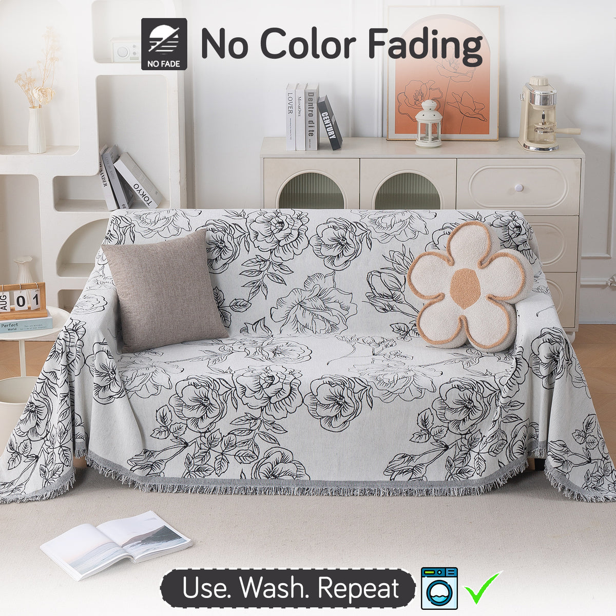 Buy White Rose Garden Serene Abode Chenille Three Seater Sofa Throw | HOKIPO
