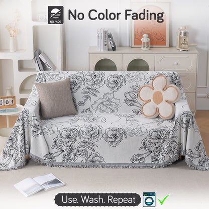 Premium 320 GSM Chenille Sofa Cover Throw All Season 'Serene Abode Series', White Rose Garden