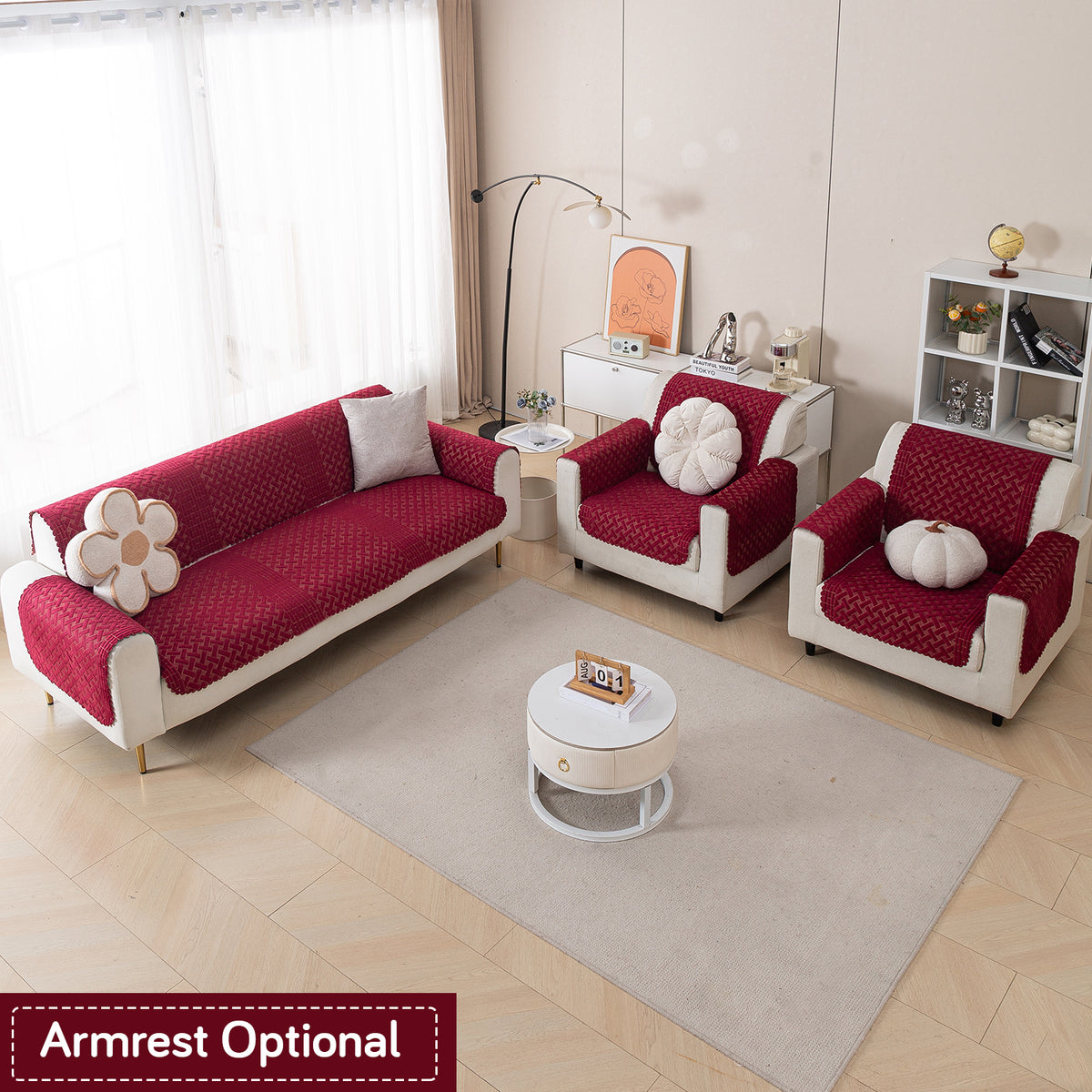 Modern Matrix 5-Seater Reversible Sofa Cover (3+1+1), Merlot Red
