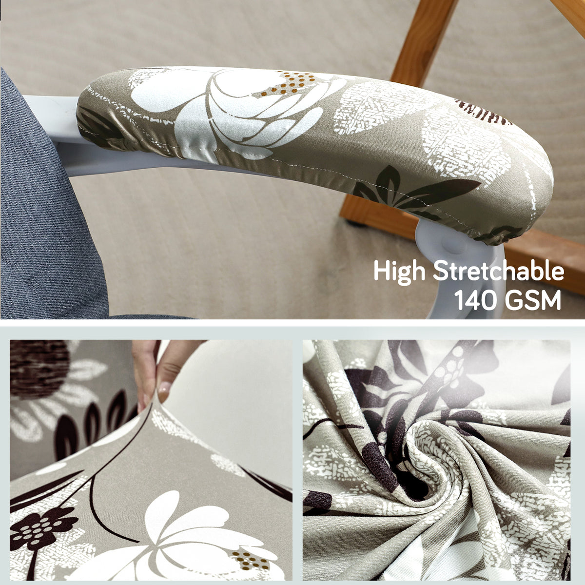 140gsm Printed Armrest Covers for Office Chair (Elastic Style), 1 Pair, Feather Brown Floral