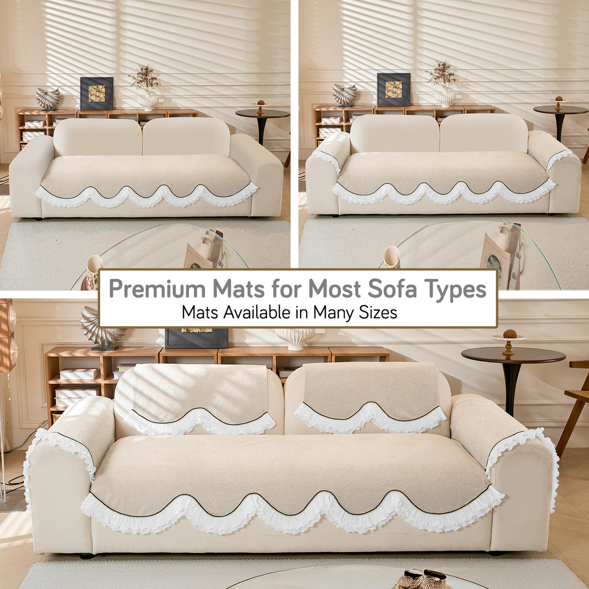 French Classic Frill Wavy Sofa Cover Mat, Champagne Beige
