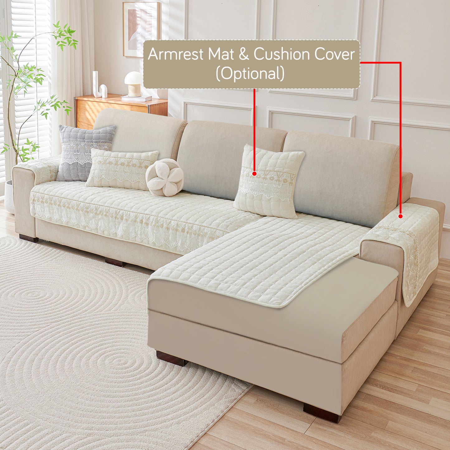 BelleLace Series Imperial Milk Velvet L Shape Sofa Cover Mat with Lace Design - Pearl White