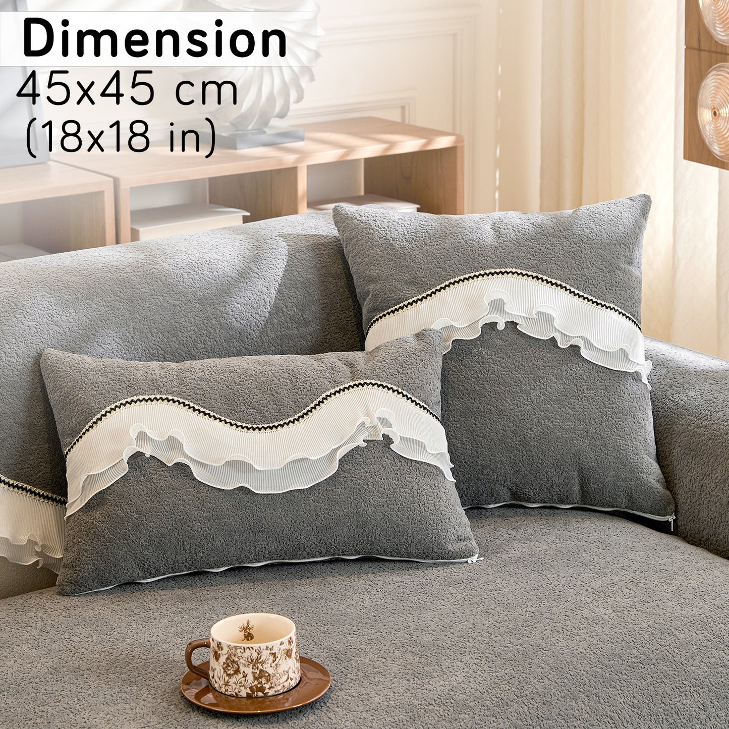 French Classic Frill Sofa Cushion Cover with Elegant Wavy Lace Design - Moonstone Grey