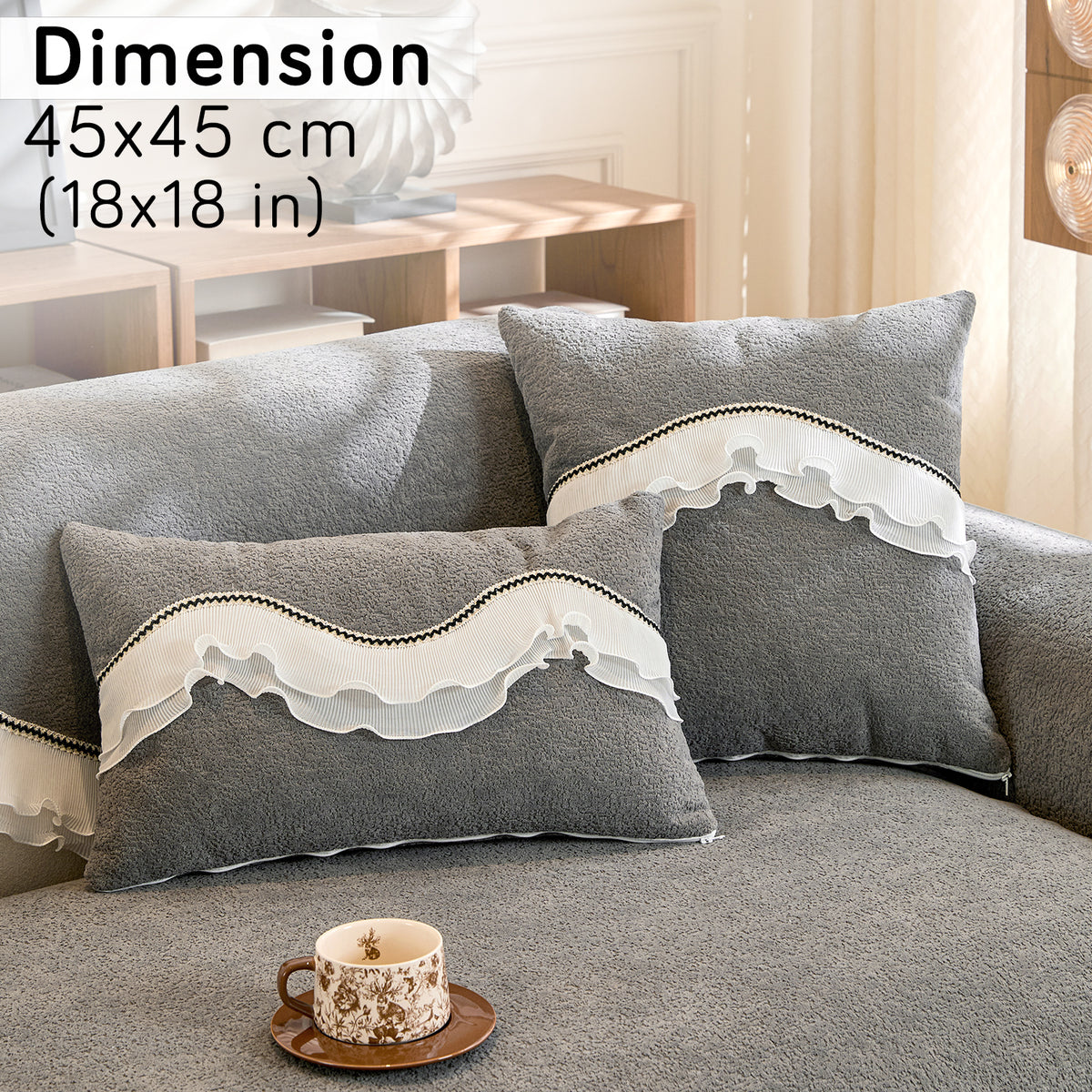 French Classic Frill Sofa Cushion Cover with Elegant Wavy Lace Design - Moonstone Grey