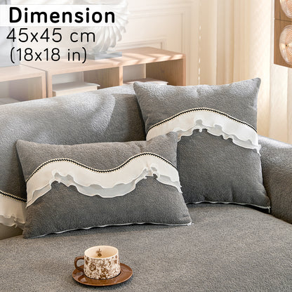 French Classic Frill Sofa Cushion Cover with Elegant Wavy Lace Design - Moonstone Grey