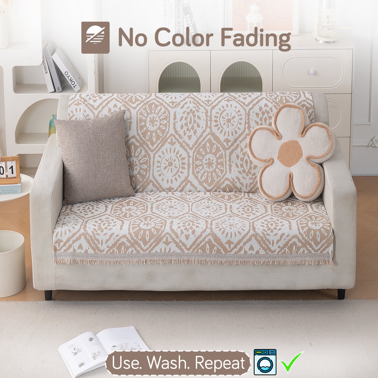Premium 320 GSM Chenille Sofa Cover 'Serene Abode Series', Boho Floral Tile