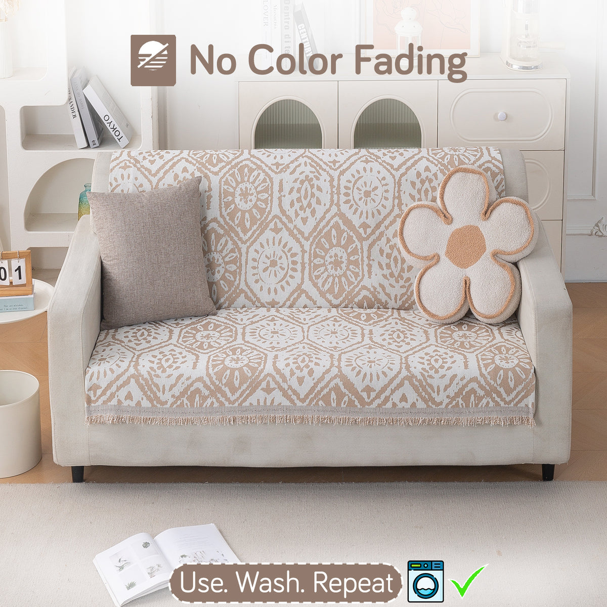 Premium 320 GSM Chenille Sofa Cover 'Serene Abode Series', Boho Floral Tile
