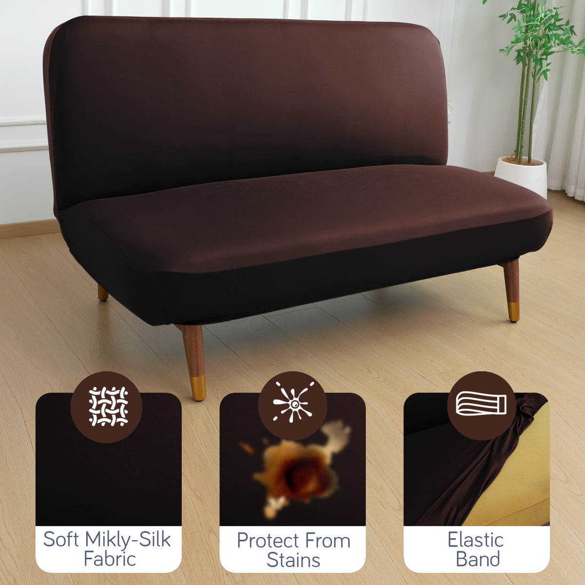 SereneSolids Stretchable Elastic Armless Sofa Cover – 140 GSM, Futon Slipcover, Easy Fit, Coffee
