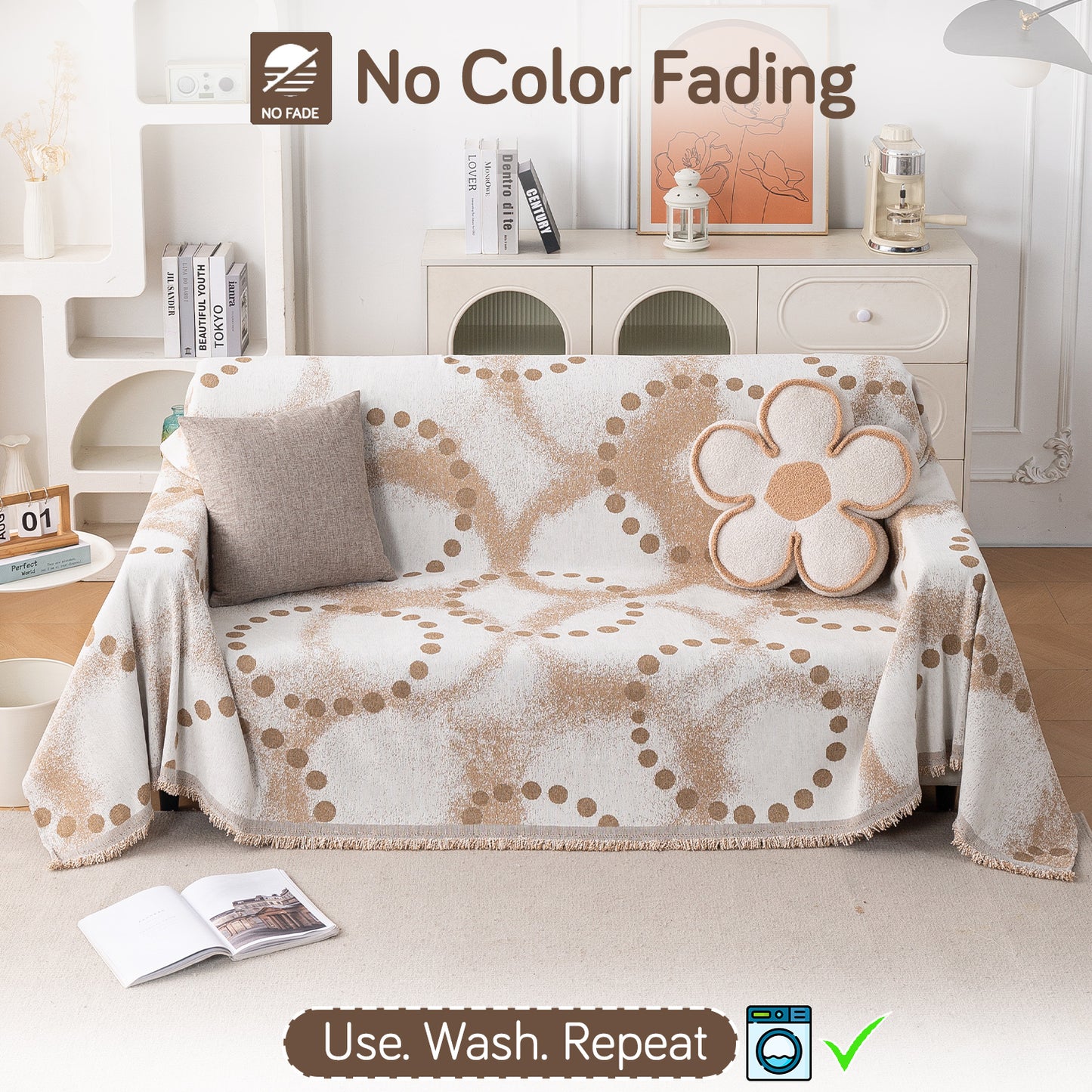 HOKIPO Premium 320 GSM Chenille Sofa Cover All Season 'Serene Abode Series', Latte Dotted Wave