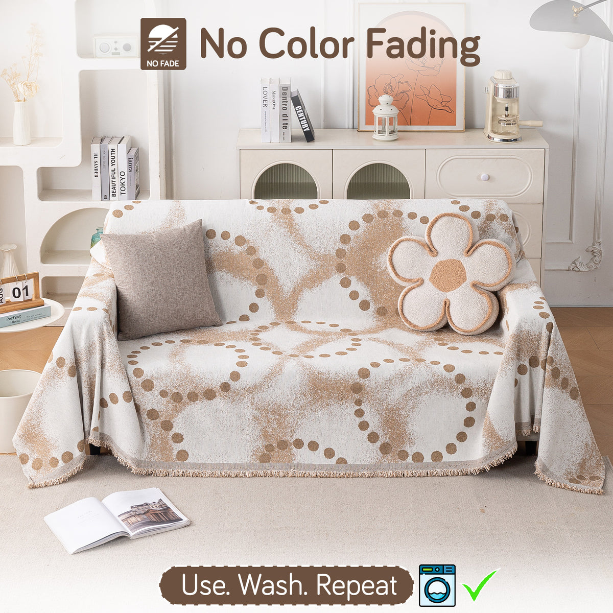 Buy Latte Dotted Wave Serene Abode Chenille 3 Seater Sofa Throw | HOKIPO