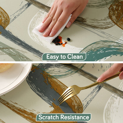 Printed Stretch Fit Water-Repellent & Anti-Slip Table Cloth Cover for 4 Seater / 6 Seater, Parchement Beige Abstract Art