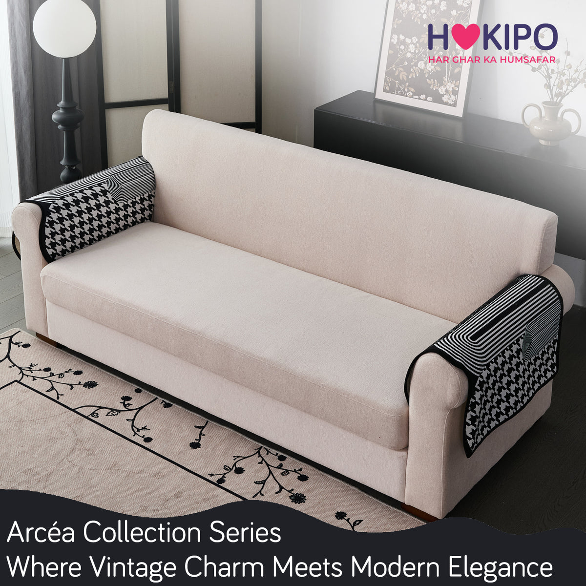 Arcea Chenille With Curved Edges Sofa Cover Mat, White Houndstooth
