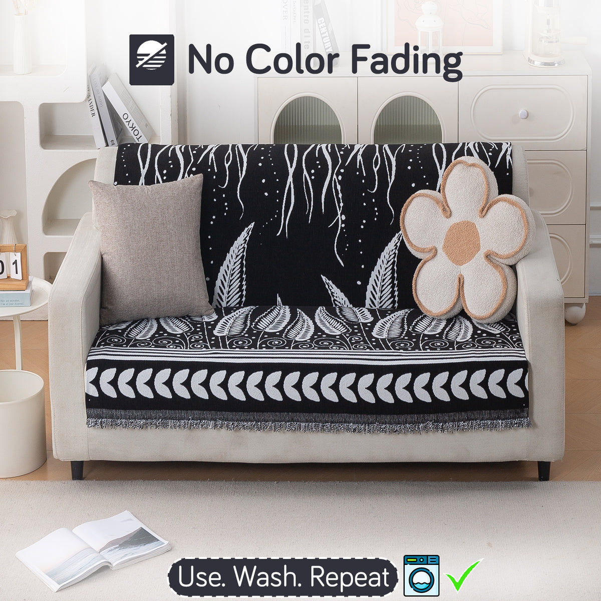 Premium 320 GSM Chenille Sofa Cover 'Serene Abode Series', Black Fern Tribal