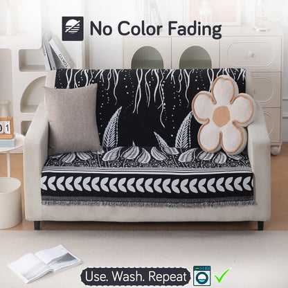 Premium 320 GSM Chenille Sofa Cover 'Serene Abode Series', Black Fern Tribal