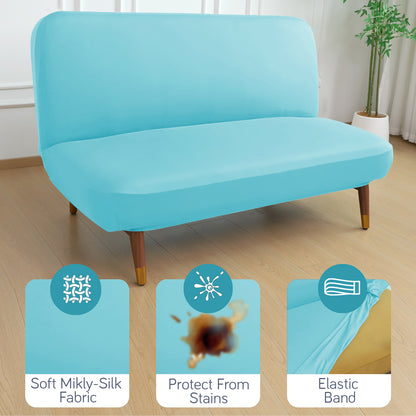 SereneSolids Stretchable Elastic Armless Sofa Cover – 140 GSM, Futon Slipcover, Easy Fit, Sky Blue