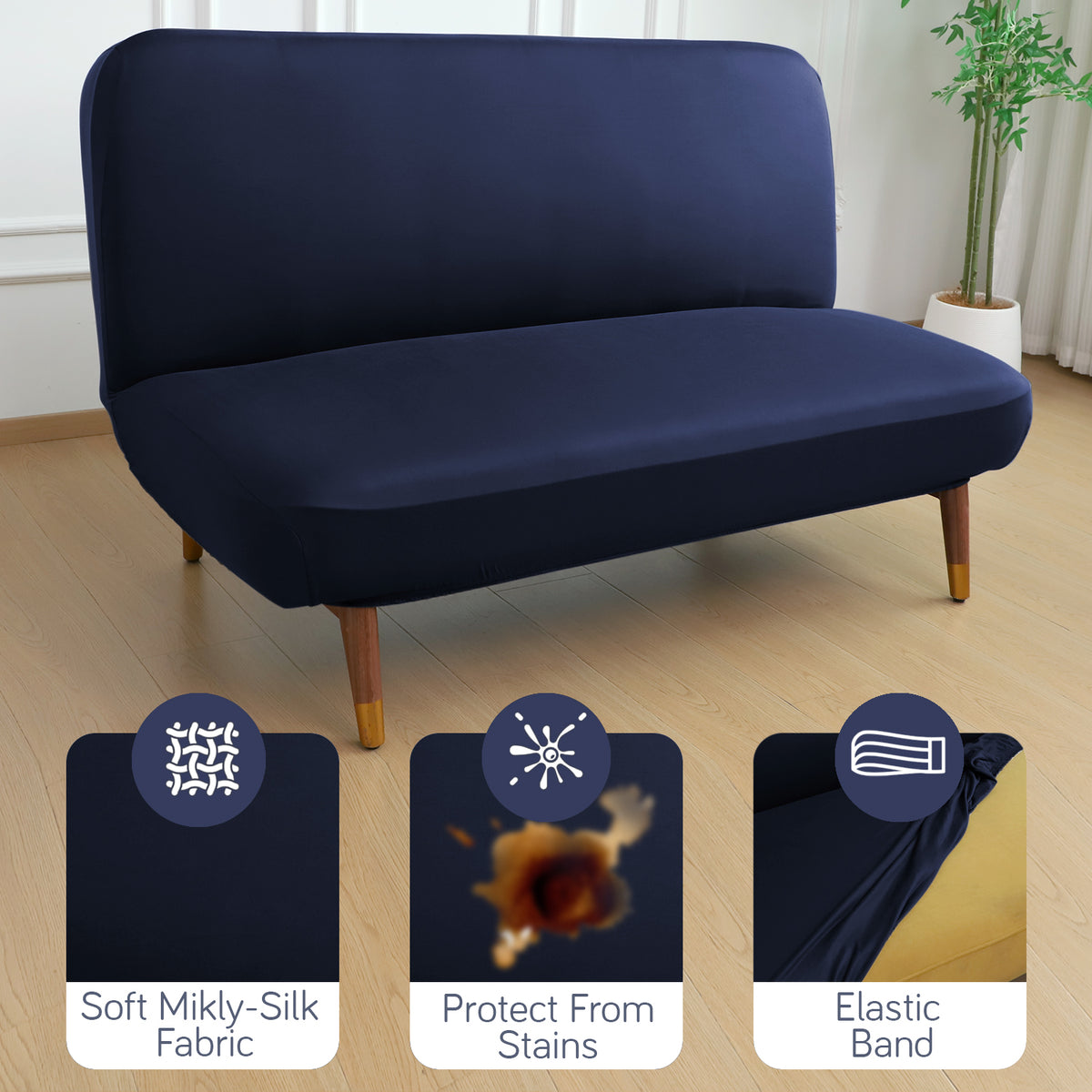 SereneSolids Stretchable Elastic Armless Sofa Cover – 140 GSM, Futon Slipcover, Easy Fit, Navy Blue