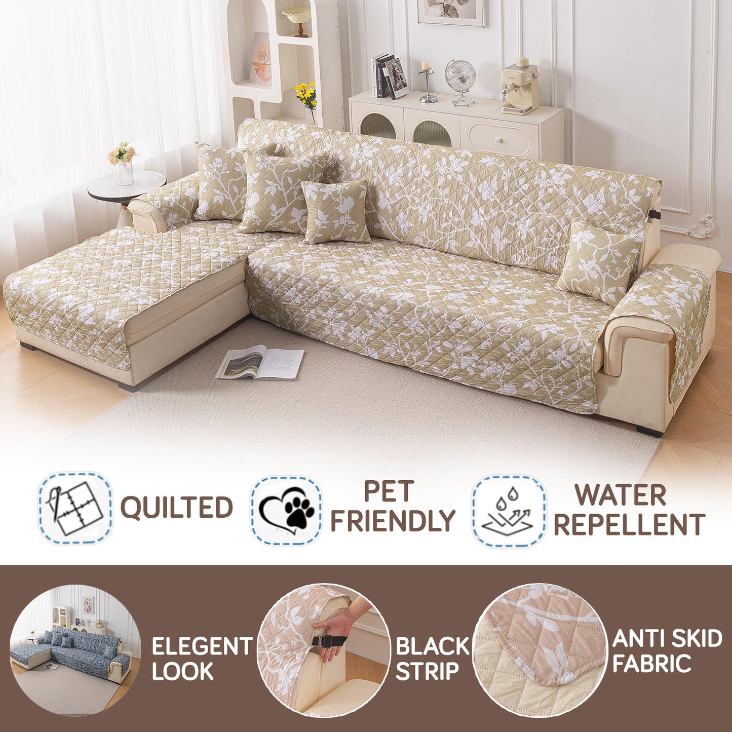 Elira Series Quilted One-Piece L Shape Sofa Cover Mat with Left and Right Chaise, Buff Brown Sillehoute Floral