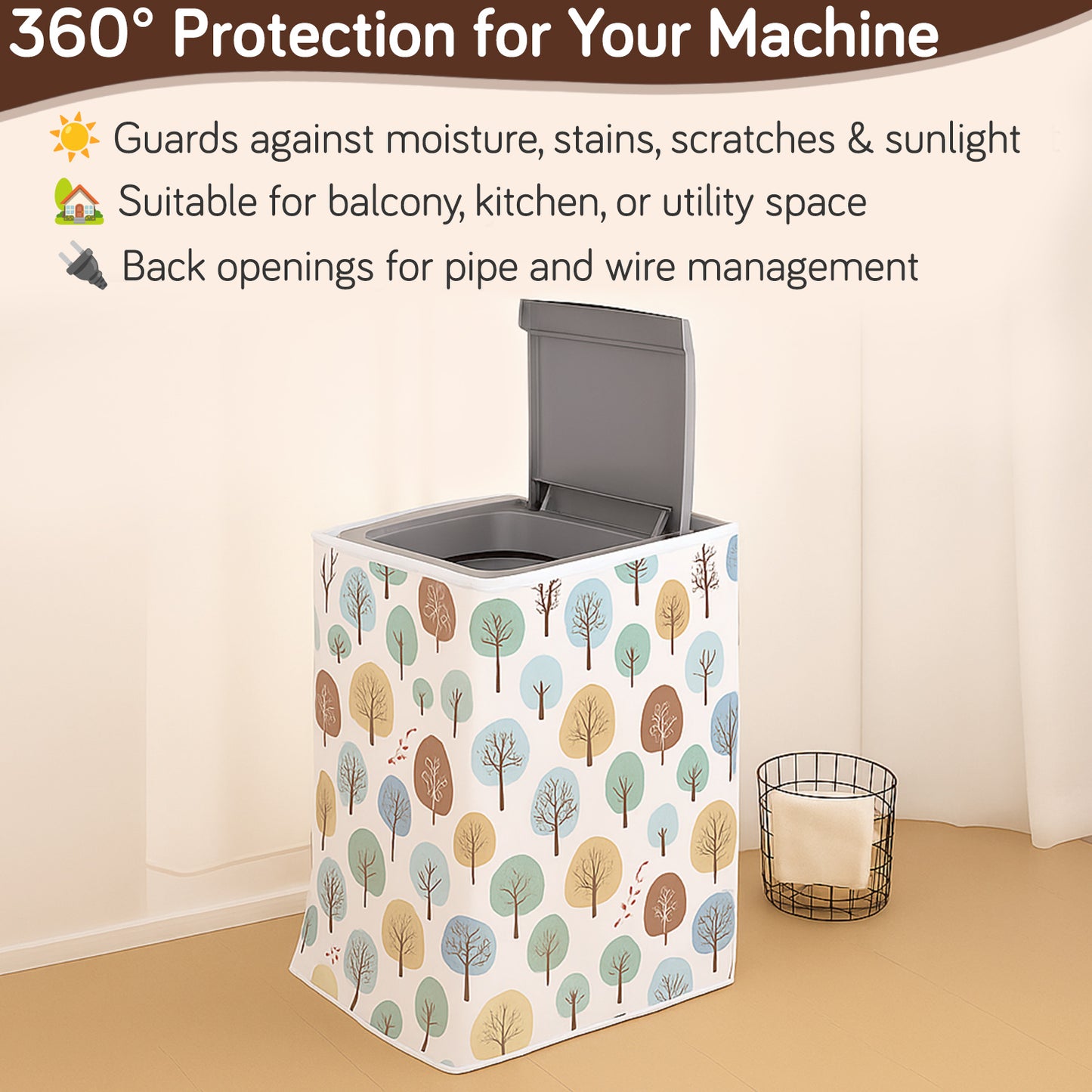 Waterproof Front Load / Top Load Washing Machine Cover | PEVA Dustproof Protective Cover for 6kg, 6.5kg, 7kg & 7.5kg Fully Automatic Machines, Nature Trees