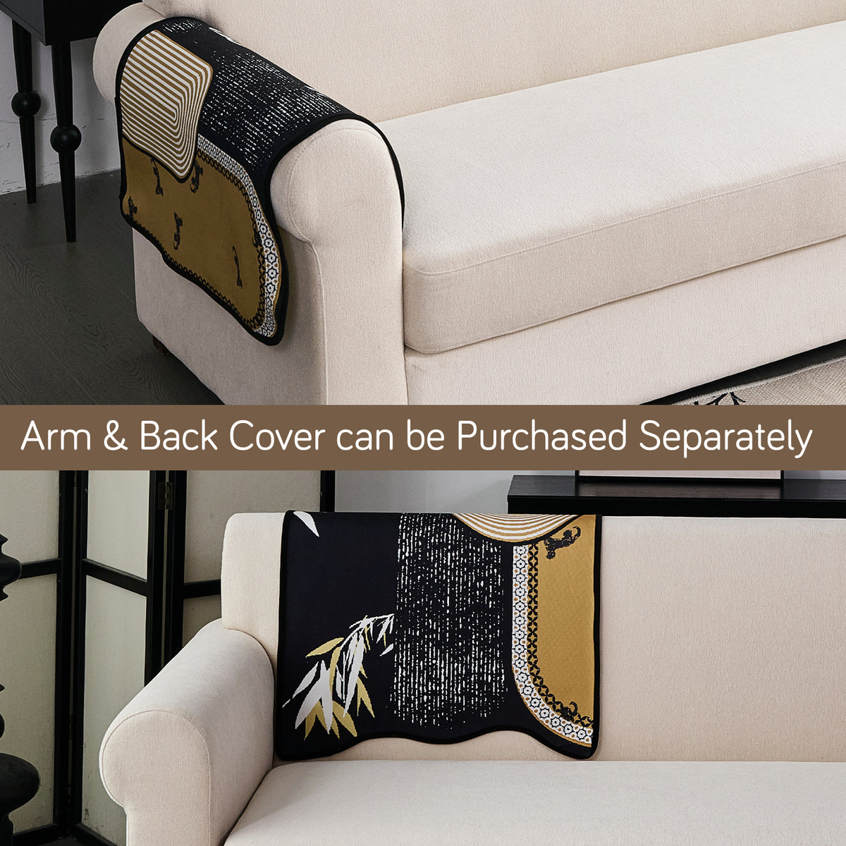 Arcea Chenille With Curved Edges Sofa Cover Mat, Mustard Gold Tribal