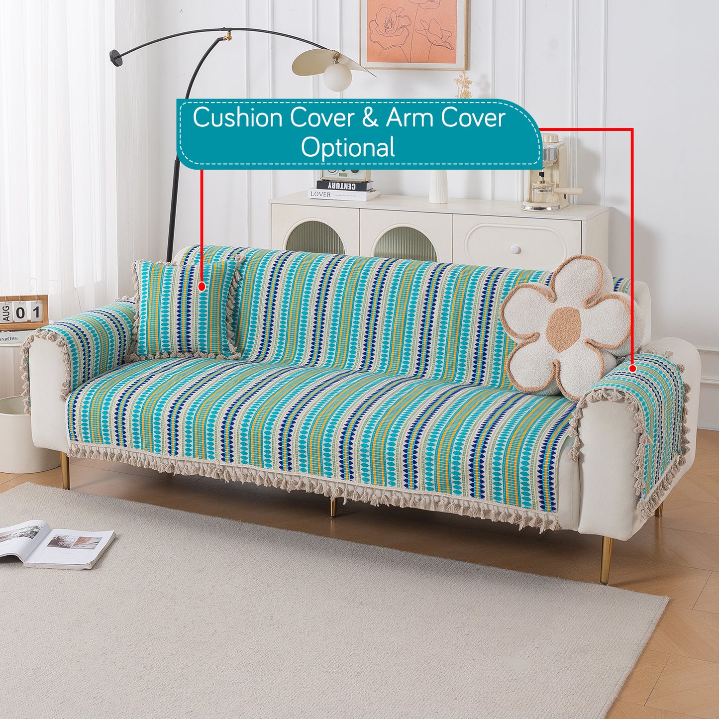 Artisan Boho Series 5-Seater Sofa Cover with Tassels (3+1+1), Aqua Blue