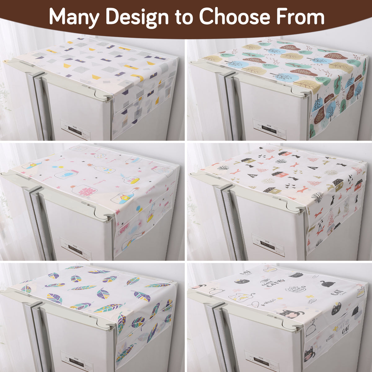 Small / Large Fridge Cover Top | For Smaller Single Door, Double Door and Bigger Double Door Refrigerator - Waterproof, Printed with 6 Side Pockets, Nature Trees