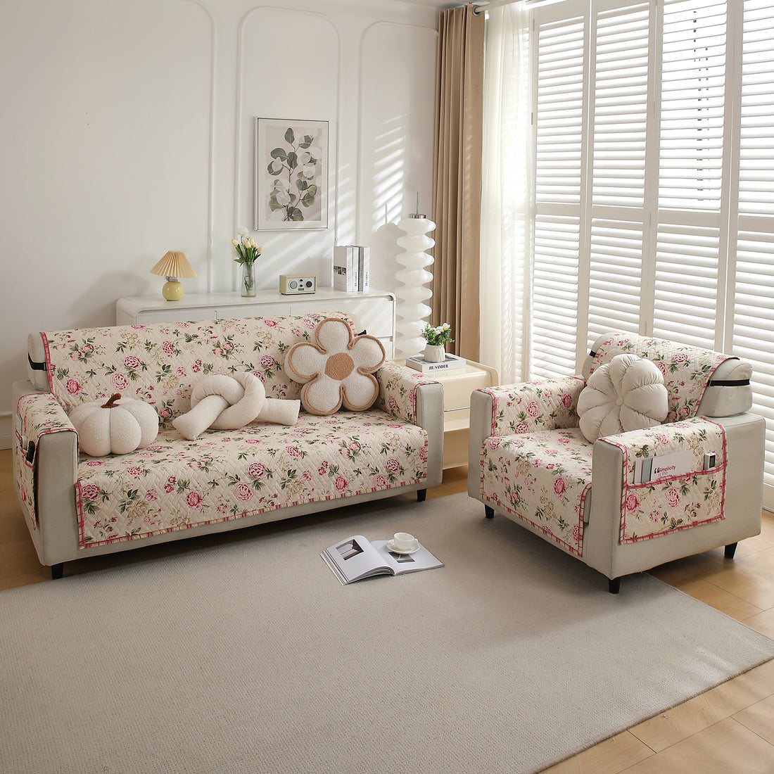 3+1 Seater Beige Peonies Printed quilted sofa cover
