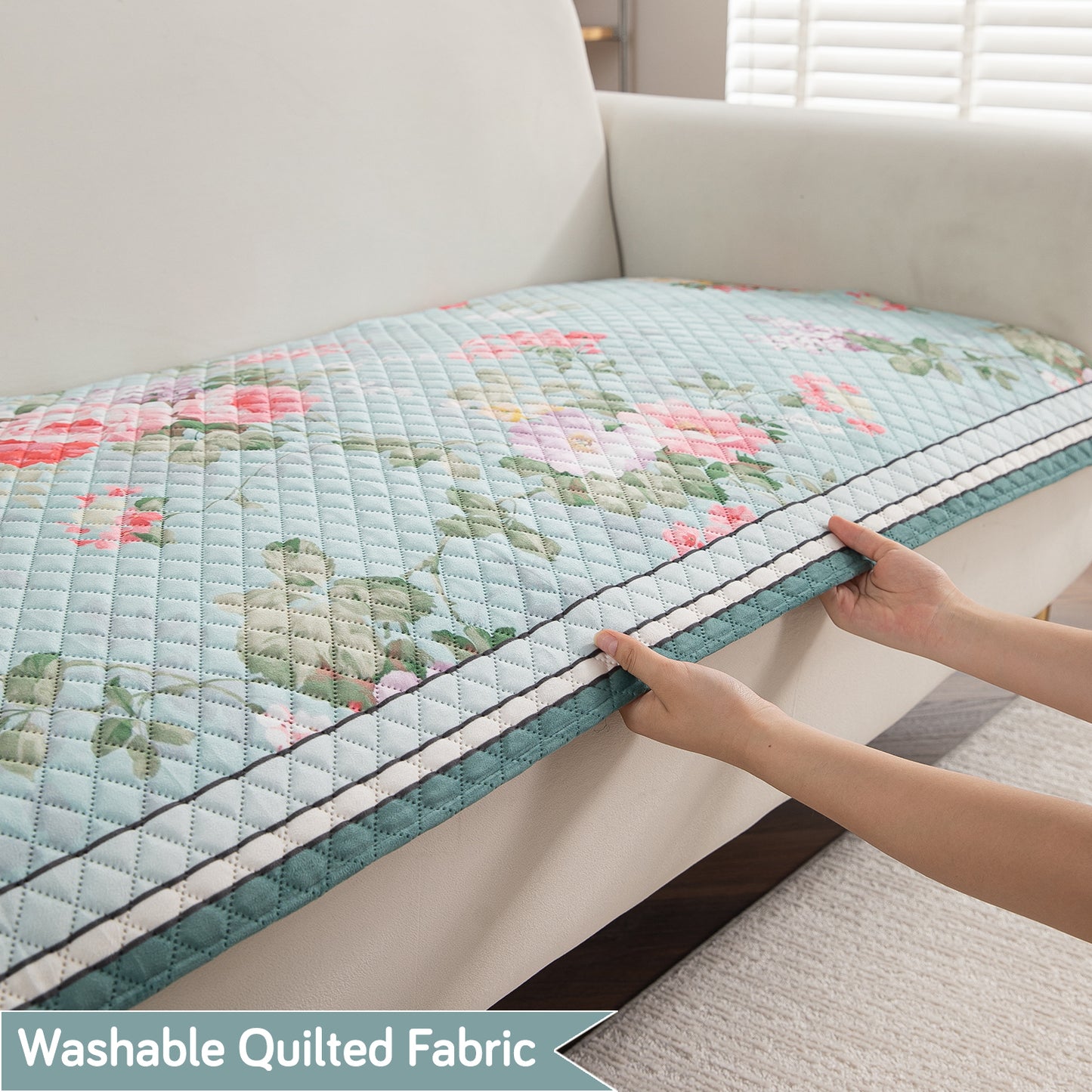 LiefNest Printed Holland Velvet L Shape Sofa Seat Mat with Foam Filling - Fresh Floral Pastel Blue
