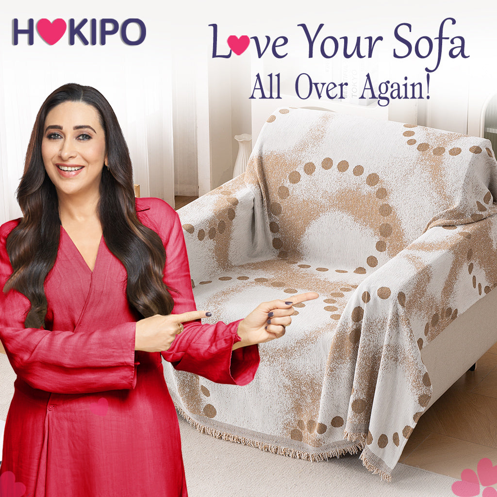 HOKIPO Premium 320 GSM Chenille Sofa Cover All Season 'Serene Abode Series', Latte Dotted Wave