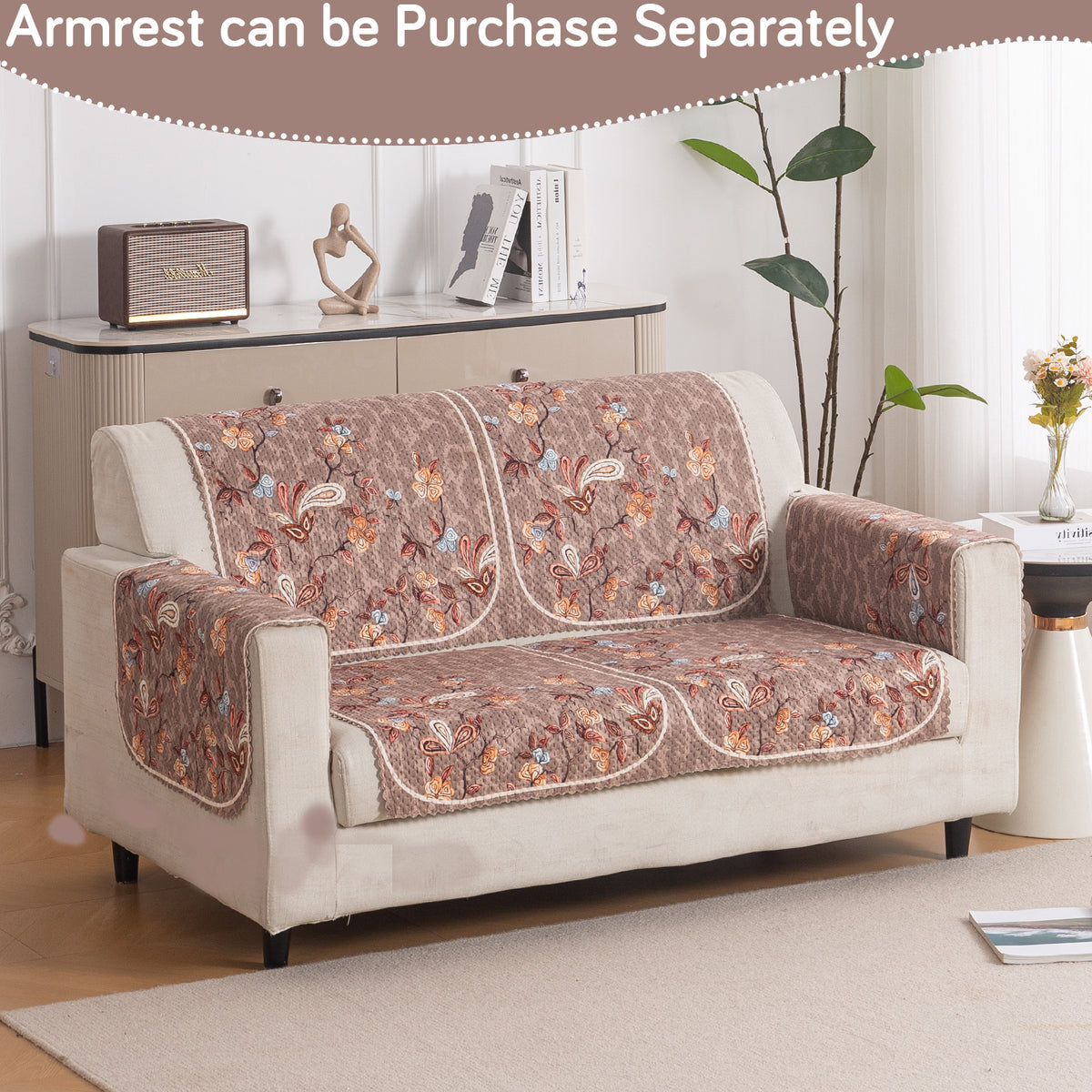 Buy Vintage Bloom HeavenHue quilted wooden sofa cover for 2 seater, elegant floral fleece design | Hokipo
