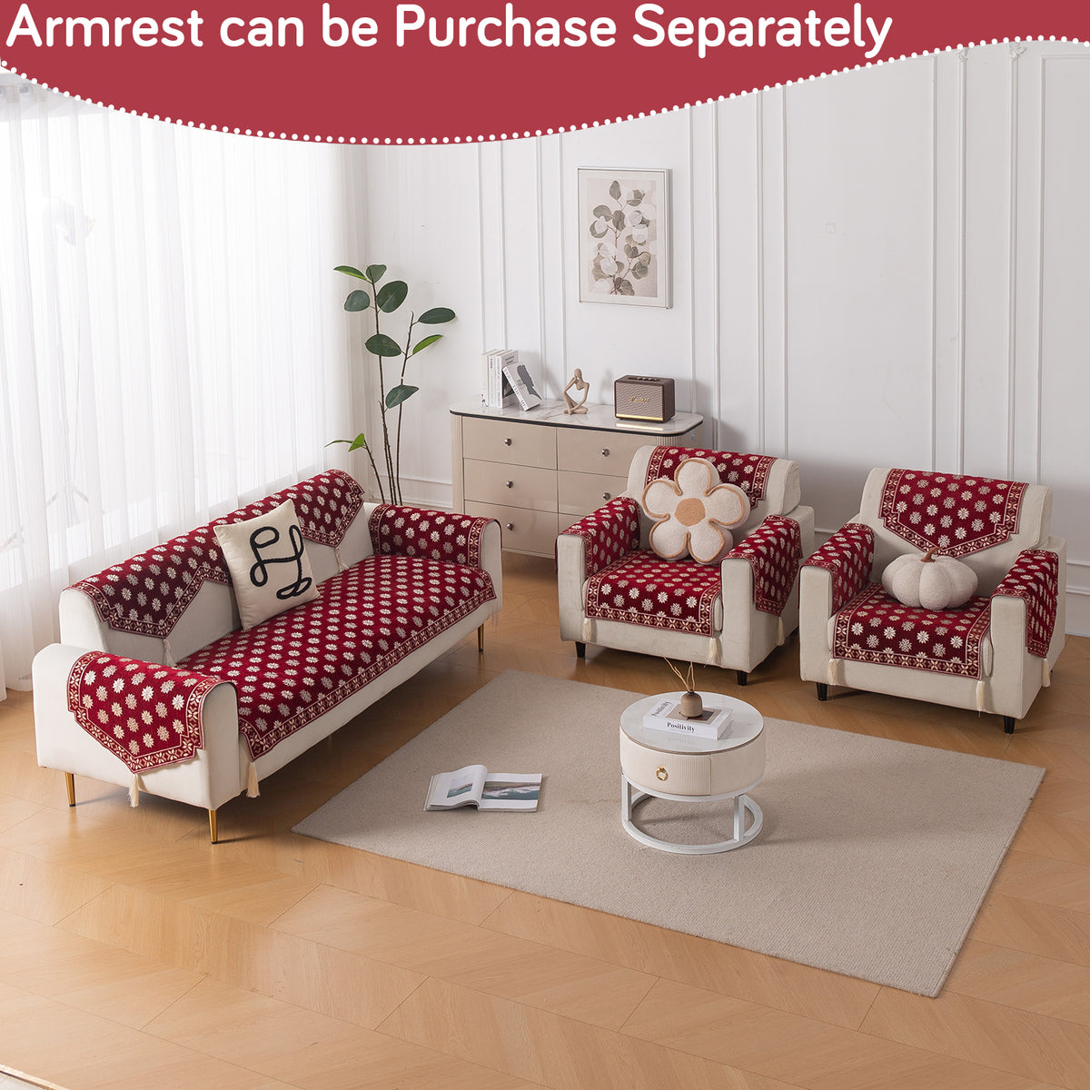 Heritage Weave Premium Jacquard Sofa Cover Set with Tassels -  Crimson Red