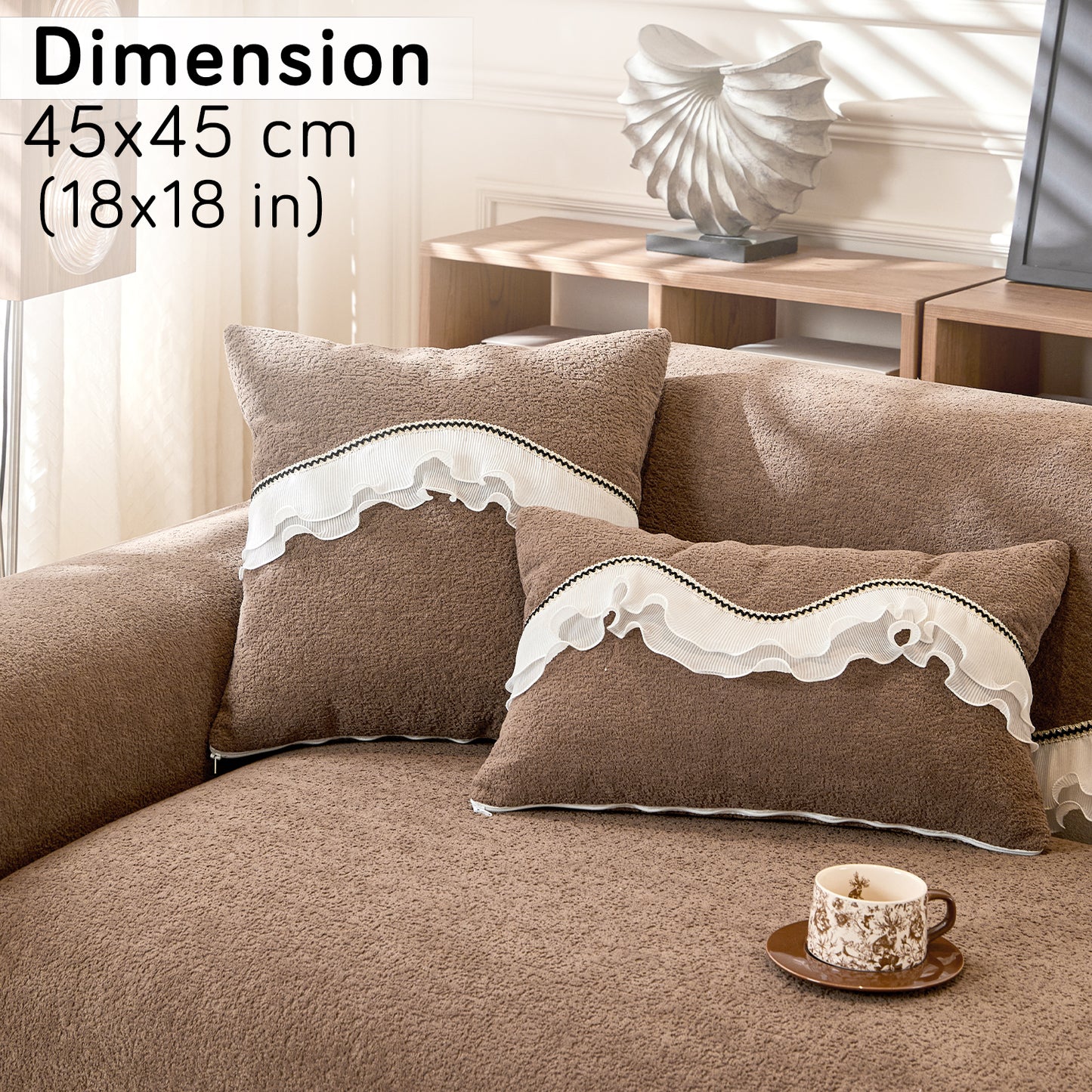 French Classic Frill Sofa Cushion Cover with Elegant Wavy Lace Design - Mocha Luxe Brown