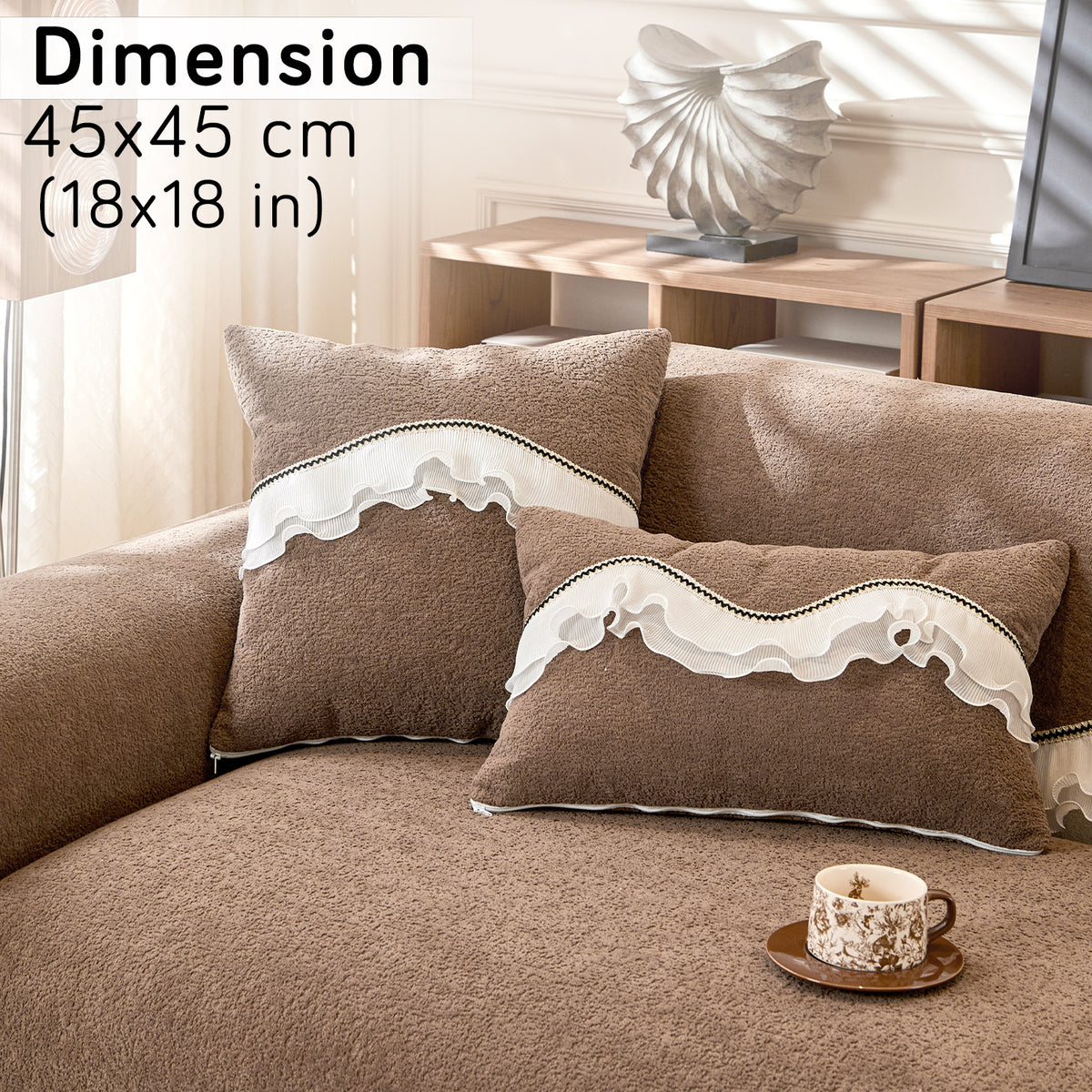 French Classic Frill Sofa Cushion Cover with Elegant Wavy Lace Design - Mocha Luxe Brown