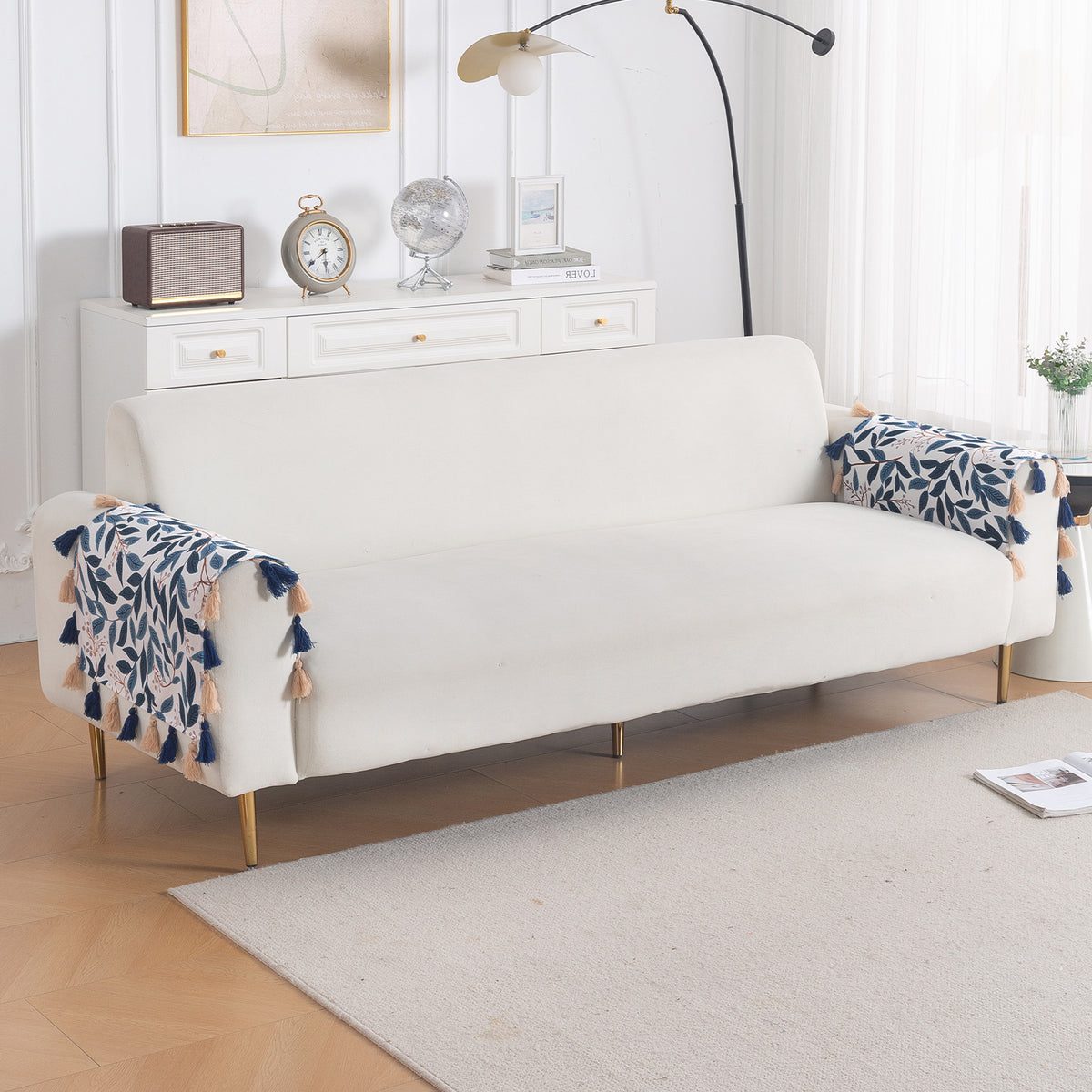'Whispers of Nature' Series Holland Velvet Sofa Mat with Tassel, Indigo Foliage
