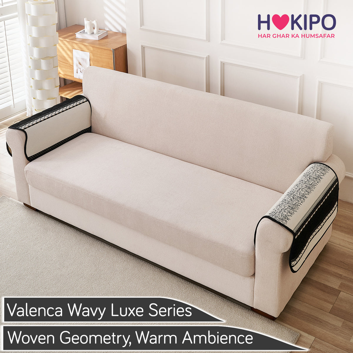 'Valenca Wavy Luxe Series' Boho Geometry Sofa Cover Mat, Midnight Black