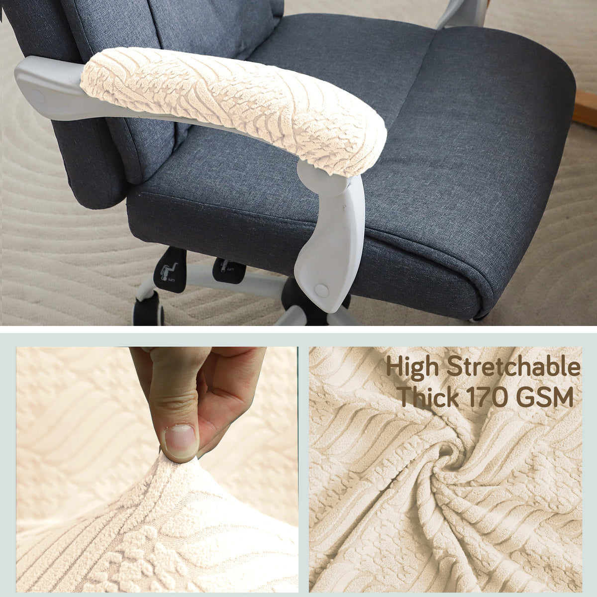170gsm Jacquard Office Chair Arm Rest Cover (Elastic Style), 1 Pair, Beige