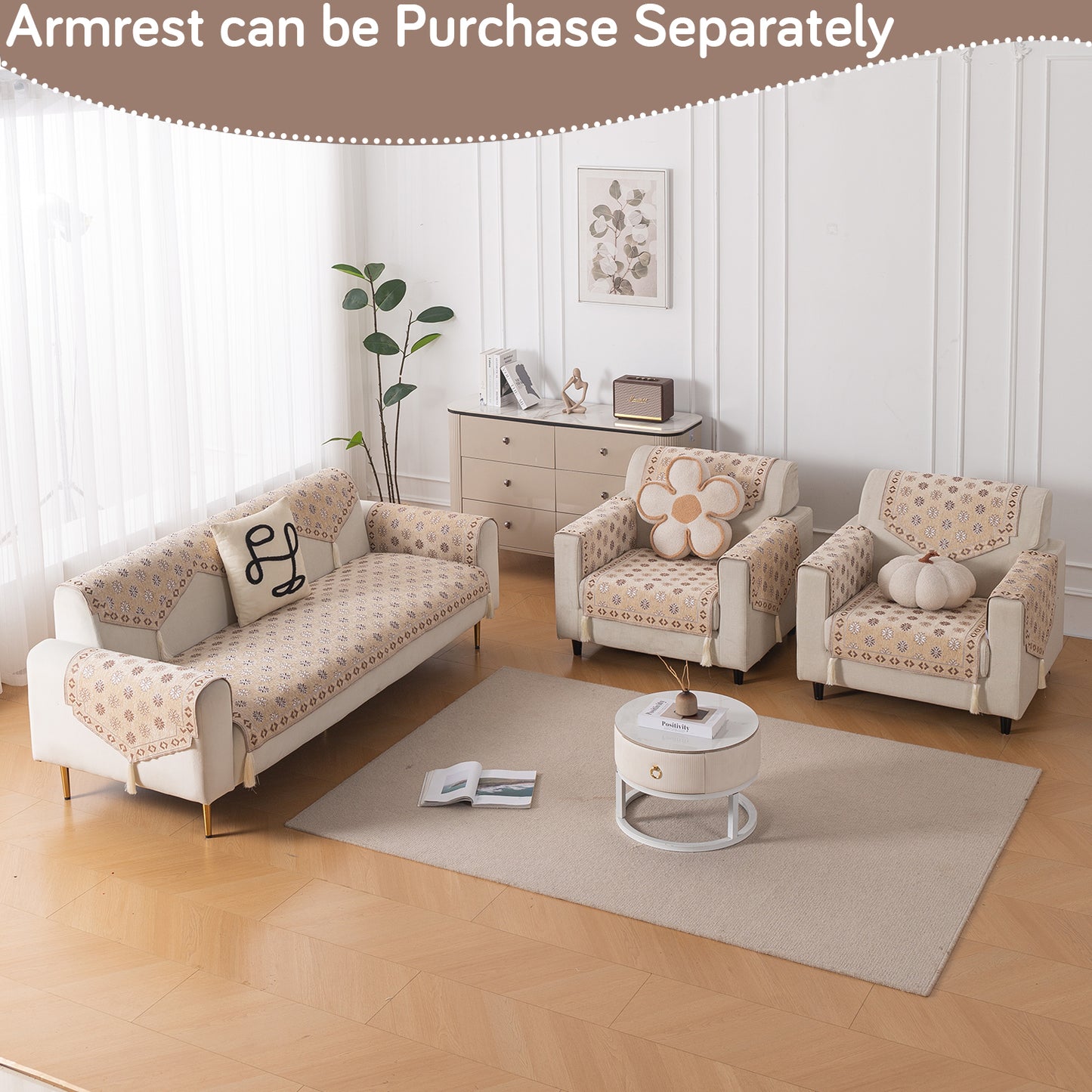 Heritage Weave Premium Jacquard Sofa Cover Set with Tassels - Sandy Beige