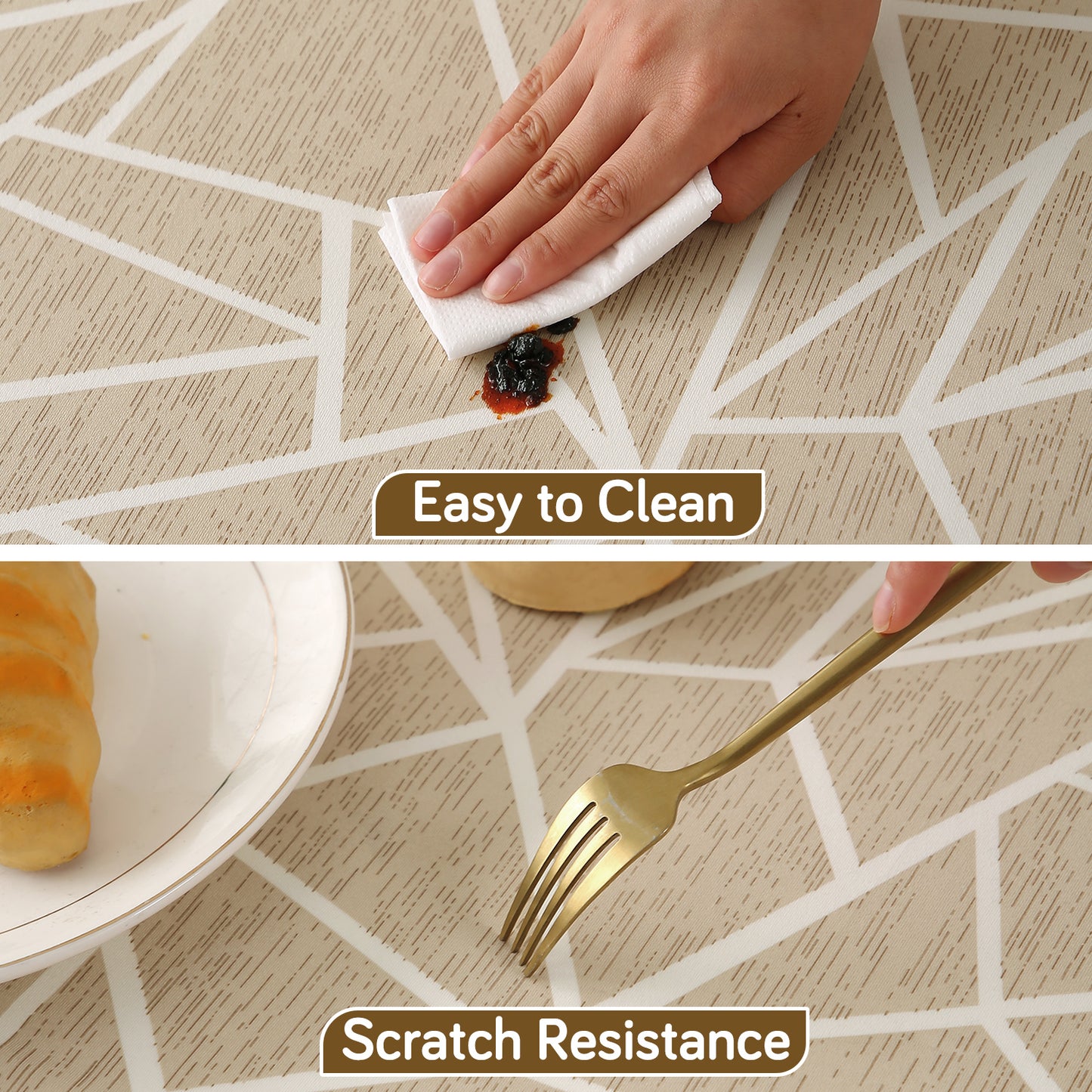 Printed Stretch Fit Water-Repellent & Anti-Slip Table Cloth Cover for 4 Seater / 6 Seater, Beige Abstract Geometry