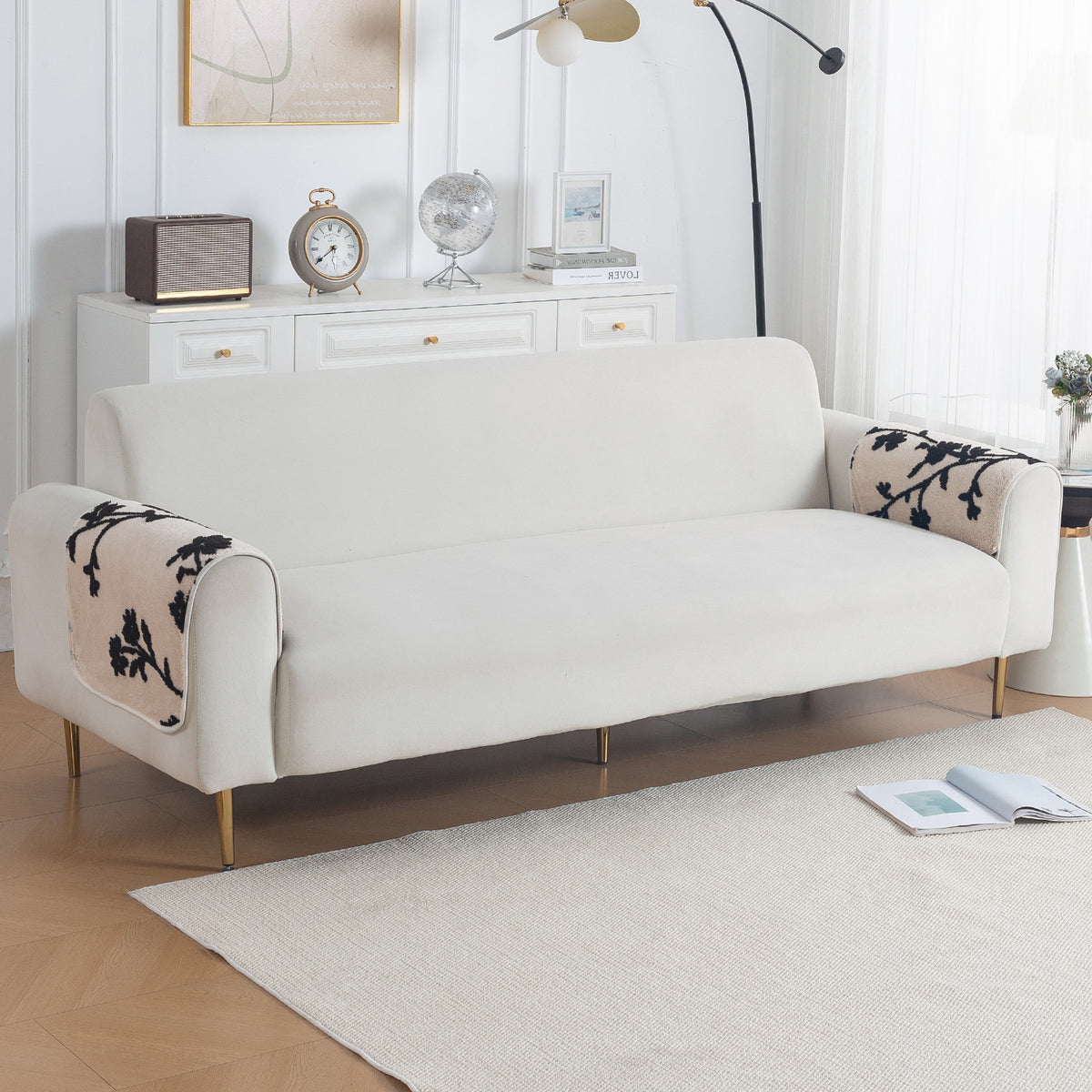 Luxury Plush Sherpa Anti-Slip Sofa Cover Mat, 'Noirea Series'| Botanical Vine