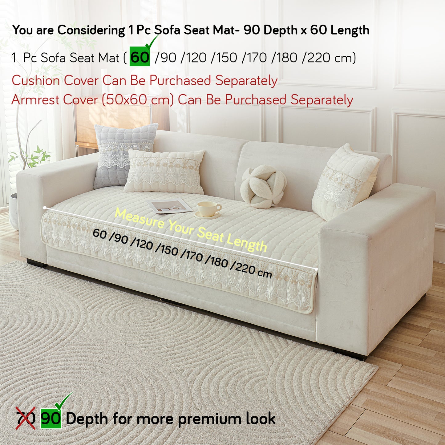 BelleLace Series Premium Imperial Milk Velvet Sofa Cover Mat with Lace Design -  Pearl White
