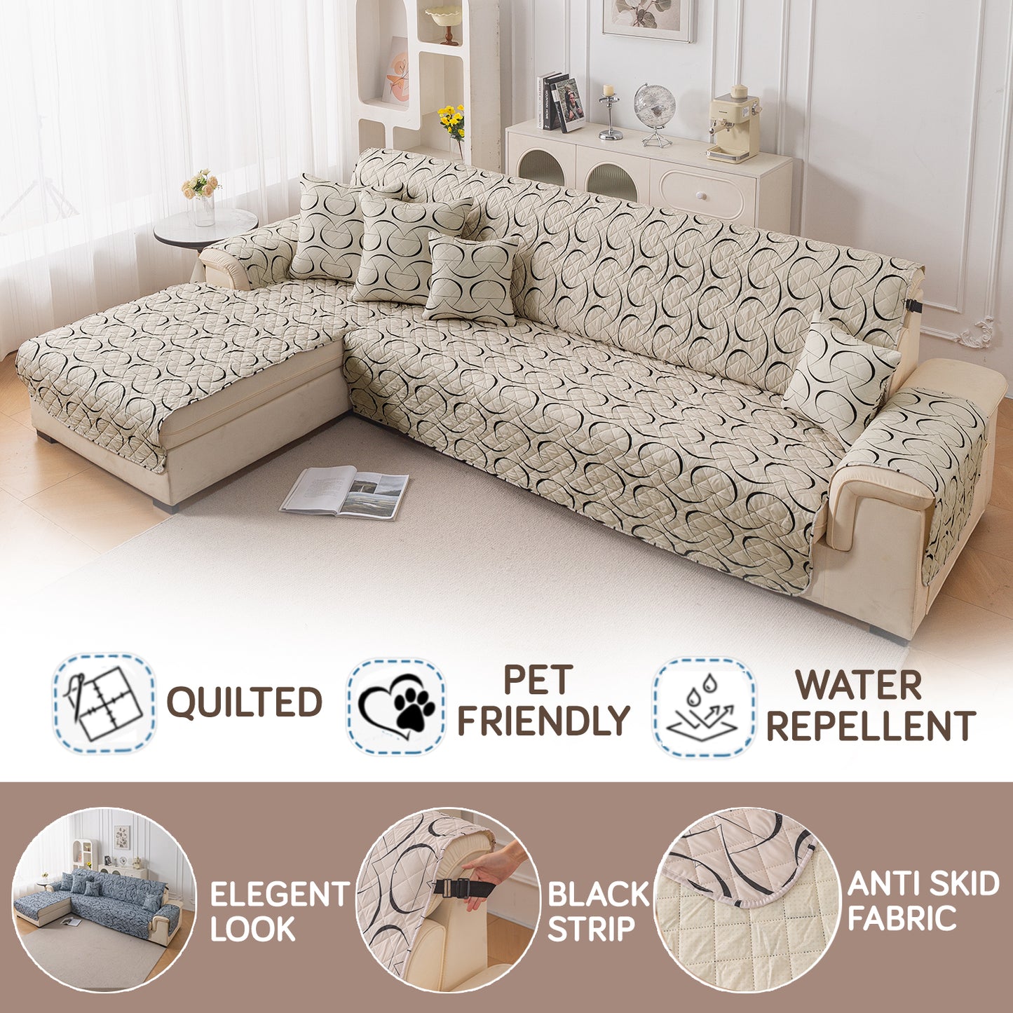 Elira Series Quilted One-Piece L Shape Sofa Cover Mat with Left and Right Chaise, Natural Beige Abstract Art