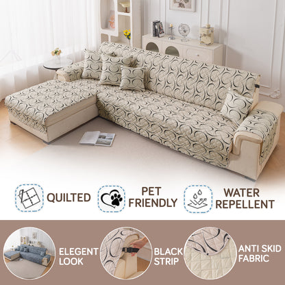 Elira Series Quilted One-Piece L Shape Sofa Cover Mat with Left and Right Chaise, Natural Beige Abstract Art