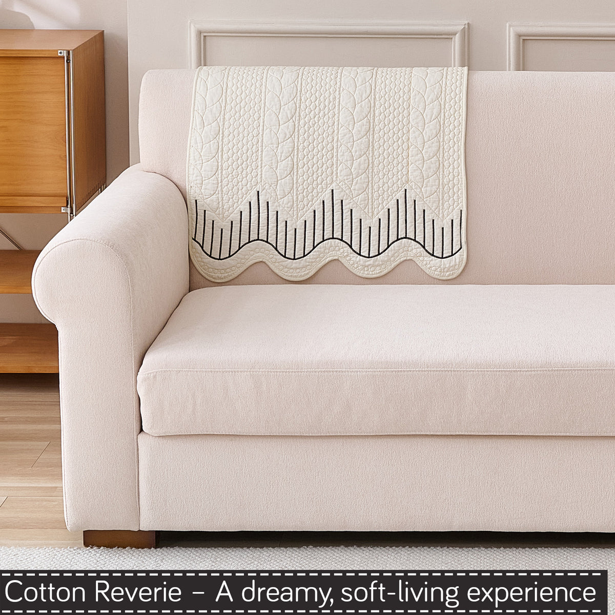 Cotton Reverie with a Curved Wavy Edge Sofa Mat, Midnight Cream