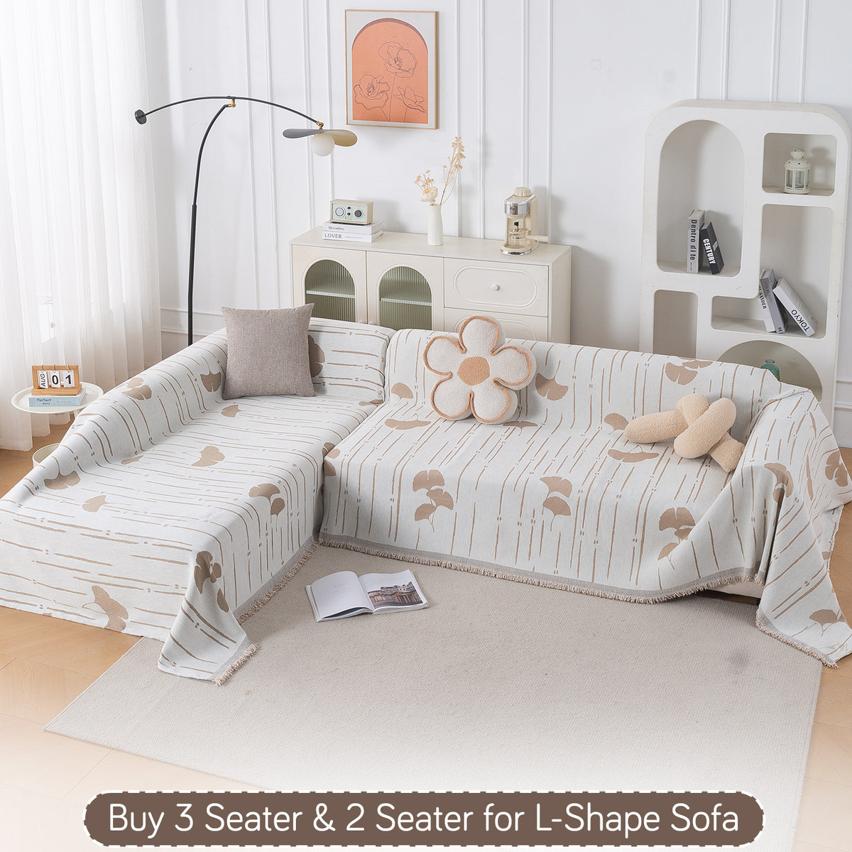 Buy Beige Ginkgo Lines Serene Abode Chenille 3 Seater & 2 Seater for L-Shape Sofa Throw | HOKIPO