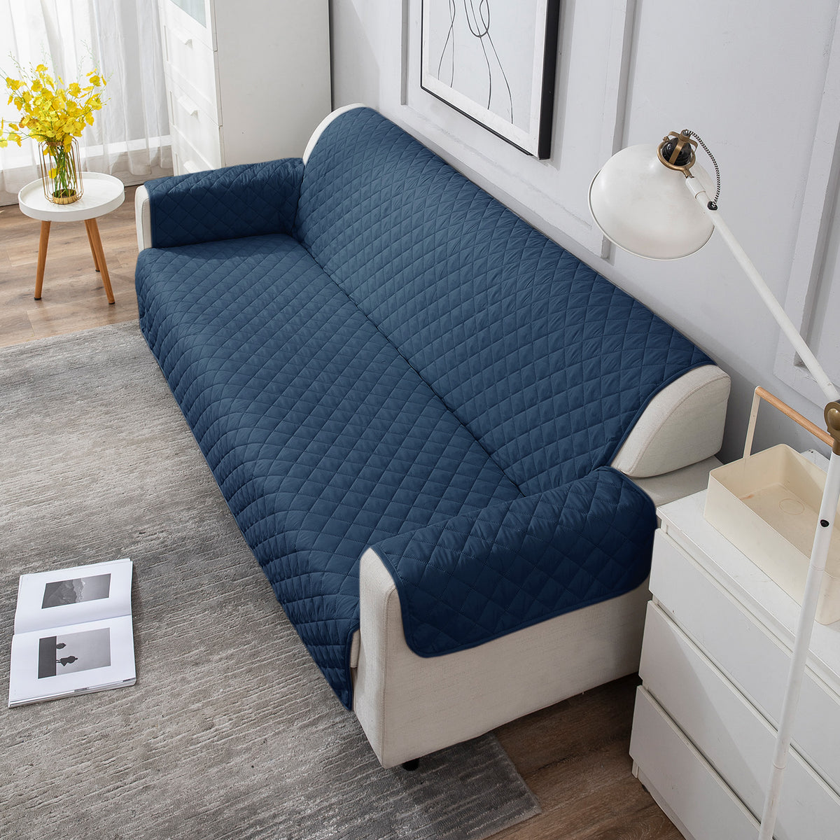 4 Seater Navy Blue quilted sofa cover set