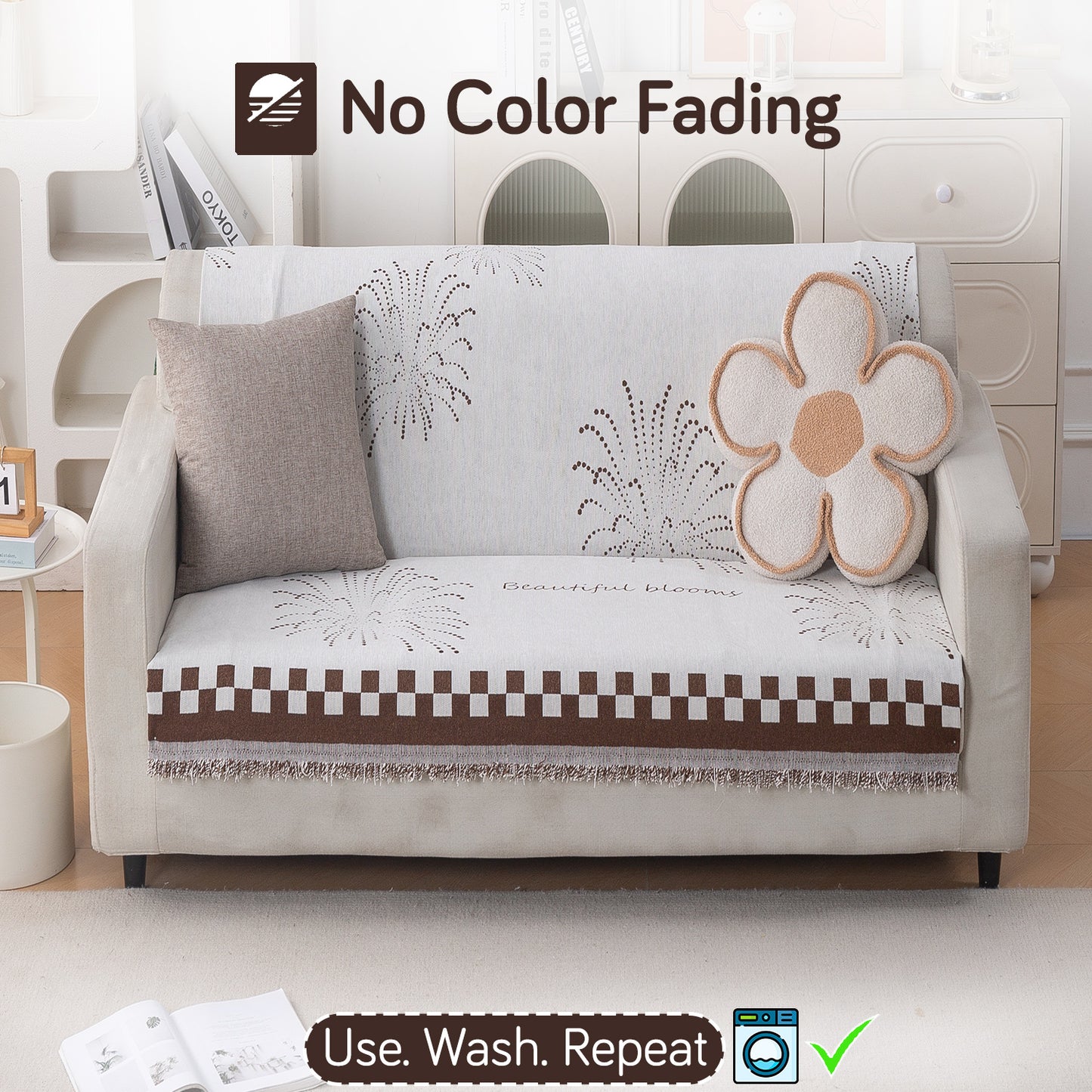 Premium 320 GSM Chenille Sofa Cover 'Serene Abode Series', Brown Dot Burst