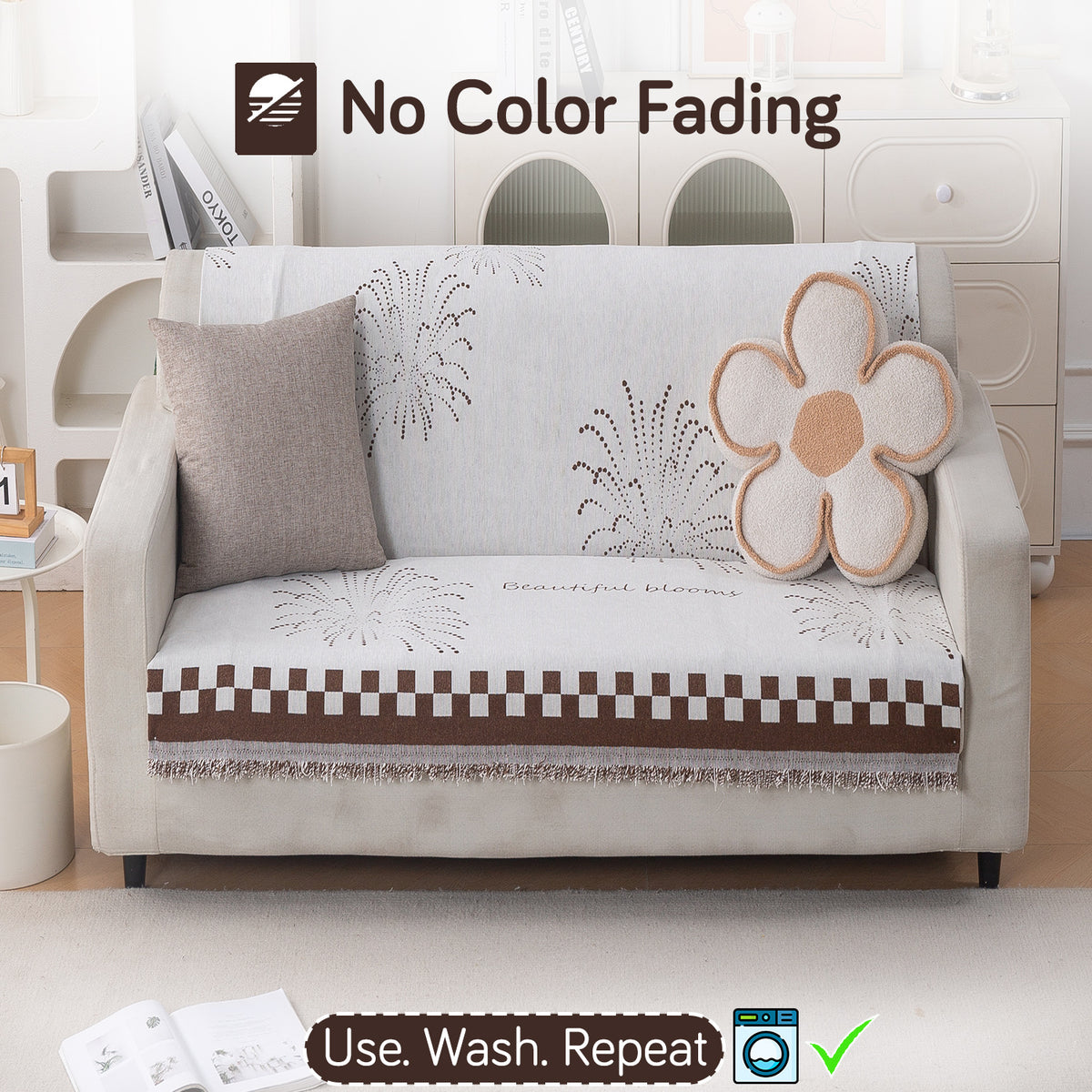 Premium 320 GSM Chenille Sofa Cover 'Serene Abode Series', Brown Dot Burst